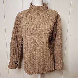 J Crew 100% Lambs Wool Tan Chunky Rib Knit Oversized Mock Neck Sweater